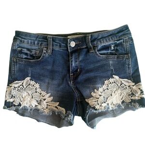 Eighty Two Denim Bohemian Blue and White Jean Shorts with Lace Detail 3 Festival